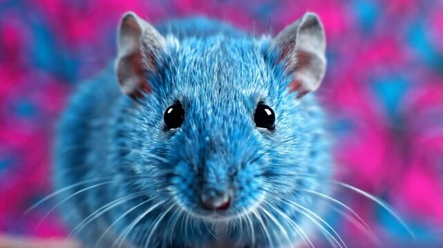 Extreme Macro of Cyan Blue Mouse with Intense Fur Texture on Hot Magenta Background