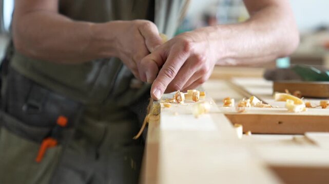 Skills, talent and labor, professional restorer carefully working on details of wooden door in workshop, craftsman using chisel tool for shaping and cleaning out joints in wood, scraping off layers.