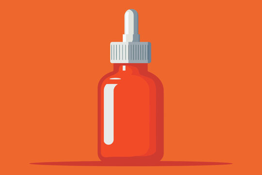Simple illustration of a red dropper bottle with a white label on an orange background