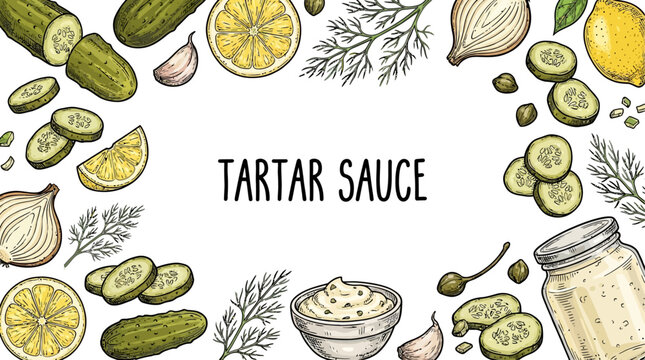 Vintage Colored Engraving Vector Frame of Tartar Sauce Ingredients Featuring Pickled Cucumber Capers Onion Garlic Herb and Mayo for Gastronomy Banner Design Background Illustration