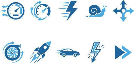 Set of speed icons including rocket fast car lightning snail speedometer fast forward quick motion symbols. © Emongrapic