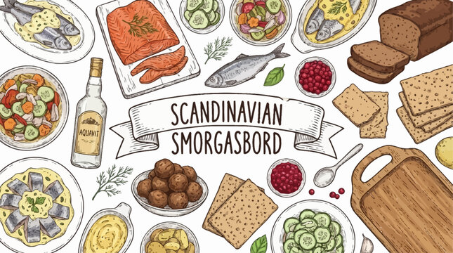 Scandinavian Cuisine Sketch Collection Featuring Hand Drawn Vector Illustrations of Nordic Culinary Dishes Traditional Smorgasbord Elements for Restaurant Menu Design and Gastronomy Art