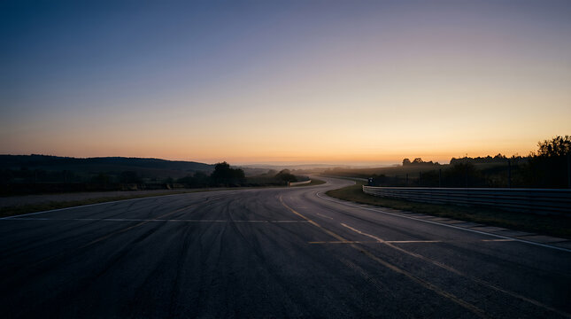 Serene winding road at dawn, bathed in the soft light of sunrise, stretching through a peaceful landscape under a tranquil sky