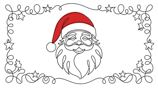 Artistic Minimalist Single Continuous Line Drawing of Santa Claus Face with Joyous Expression, Holiday St Nicholas Head Illustration for Festive Christmas Celebration and Seasonal Winter Greeting
