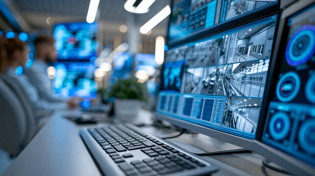 Wide-angle view inside advanced airport security operations center with surveillance displays and monitoring systems for efficient operations, aviation security concept,
