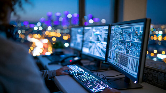 Modern security control room with multiple surveillance monitors and city skyline view at night, nighttime security monitoring concept, technology photography, blurred city