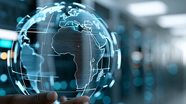 Digital globe displaying Africa in server room as technology visualization in high-tech environment from close-up view, global data concept, technology photography, blurred server