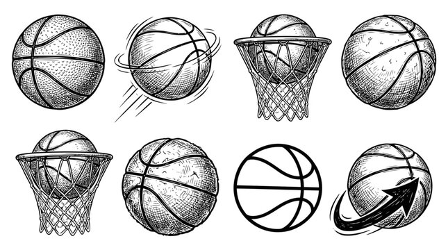Mega set of 44 professional basketball icons featuring diverse spherical silhouettes and athletic symbols isolated on white background for sports branding and competitive tournament graphics.