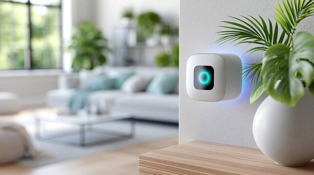 Modern smart home security camera mounted on white wall in bright contemporary living room, home security concept, interior photography, blurred living room background , with copy