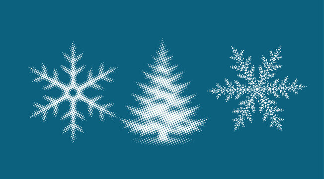 Merry Christmas. A set of winter objects in halftone: Christmas tree, snowflakes Not AI, vector illustration.