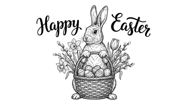 Vintage Victorian style vector line art illustration of a cute Easter bunny sitting in a garden with blooming spring flowers and a woven basket filled with decorated festive holiday eggs