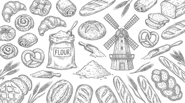 Hand Drawn Bakery Sketch Set Featuring Minimal Line Art Bread Croissant and Pastry Illustration in a Simple Top View Composition for Culinary Design and Menu Background