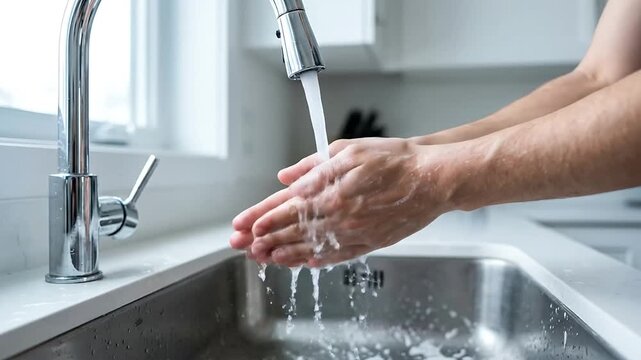 Hands Washing Under Running Water in Modern Kitchen Sink for Hygiene and Cleanliness