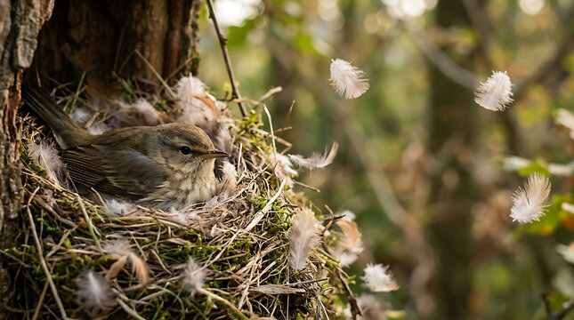 Tiny bird chick nestled in a mossy nest with soft feathers drifting in the gentle breeze