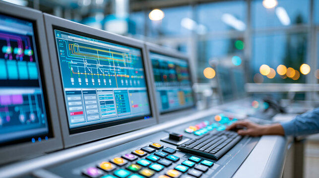 Wide establishing view of modern substation control room at blue hour with banks of touchscreen monitors displaying real-time power flow maps, energy management concept,