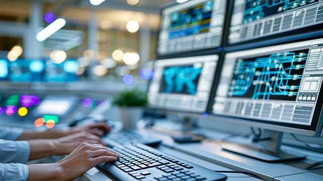 Wide establishing view of modern substation control room at blue hour with banks of touchscreen monitors displaying real-time power flow maps, energy management concept,