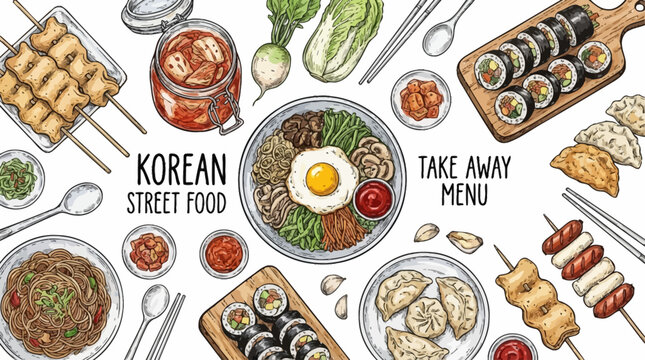 Traditional Korean Cuisine Top View Illustration Hand Drawn Sketch Featuring Bibimbap Kimchi Kimbap and Dumplings Set On Table Gourmet Asian Gastronomy Artistic Graphic Drawing for Menu Design