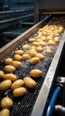 Industrial potato washing on a conveyor belt with water splashing during food processing in a modern agricultural facility or factory environment © Daria