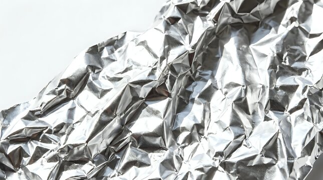 Crumpled metallic foil with reflective silver and dark gray wrinkled texture, suitable for backgrounds, packaging design, and creative overlays.