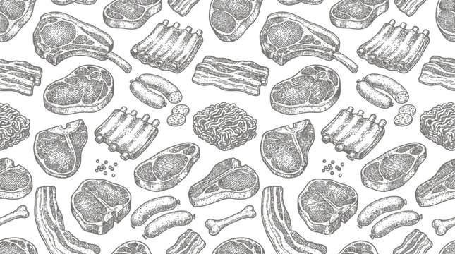 Seamless Hand Drawn Vector Illustration of Various Meat Cuts and Butchery Products on a Textured Sketch Style Background for Gastronomy Food Menu Design and Culinary Wallpaper