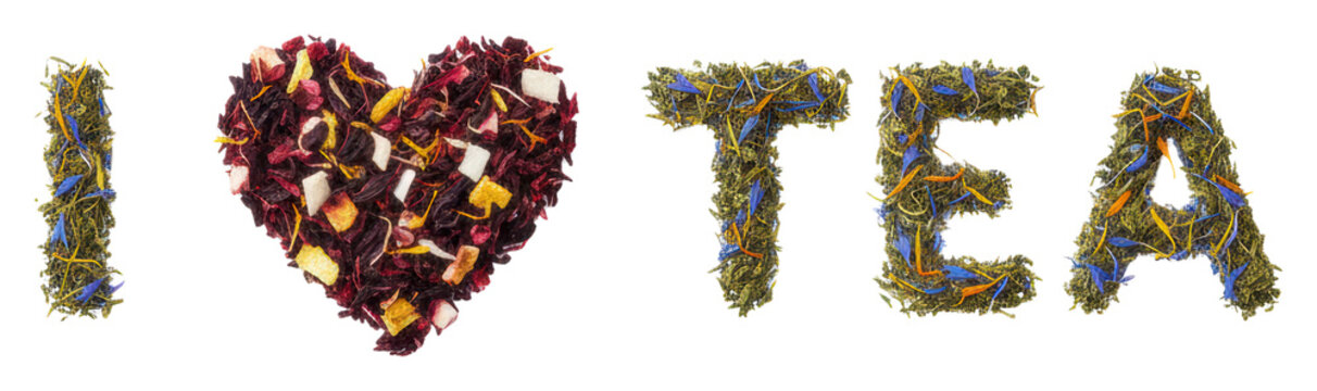 "I ❤️ tea" spelled out with olive-green loose tea, blue cornflower, orange safflower, crimson hibiscus, yellow citrus, white dried fruit on transparent flat lay. Beverage ingredient elegance concept