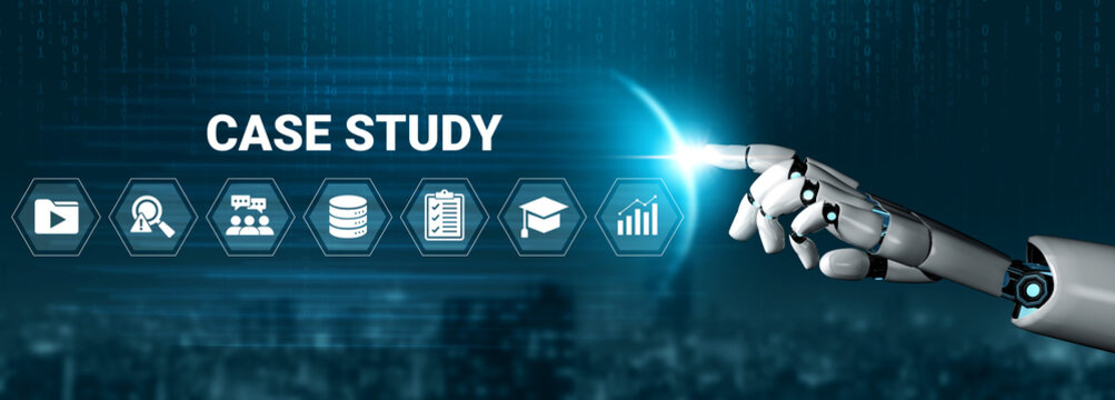 A futuristic robotic hand points to digital icons related to case study concepts. This image highlights technology, education, and data analysis with a modern design aesthetic. Ledger