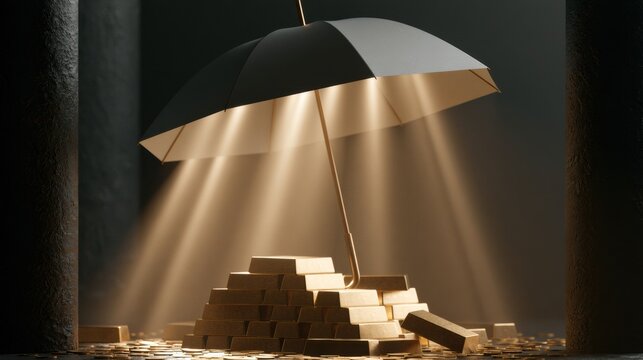 A 3d render shows an umbrella opening over a stack of gold bars inside a dark vault with beams of light shining down, creating a scene of wealth.