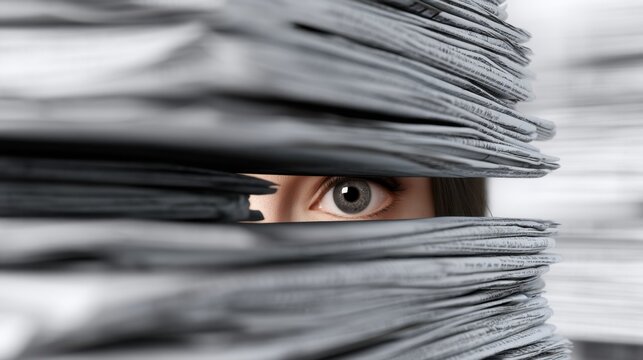 Person peering through a narrow gap between stacks of newspapers symbolizing curiosity, information overload, and the quest for knowledge amidst abundant print media