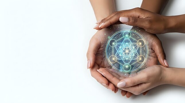 Hands holding glowing sacred geometry symbol with blue light, representing spirituality, healing energy, and holistic wellness for meditation and alternative medicine concepts.