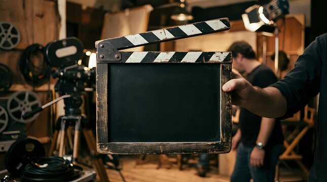 Filmmaker holding vintage film clapperboard on movie set with professional camera equipment and warm studio lighting in background for cinema production.