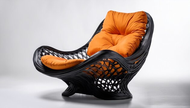modern black sculptural chair with openwork design and orange cushion on white background