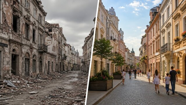 War damaged old street and peaceful restored neighborhood