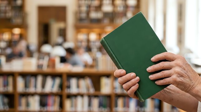 A person holding a closed green hardcover book with both hands in a library setting with bookshelves blurred in the background, suitable for education, reading, and knowledge-related content.