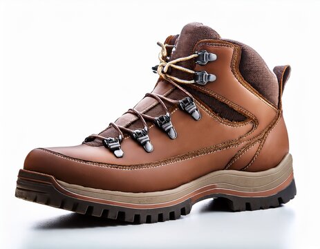 brown leather hiking boot with rugged sole isolated on white