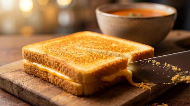 Cinematic slow motion video of slicing a warm toasted grilled cheese sandwich in half with a chef knife on a rustic wooden cutting board