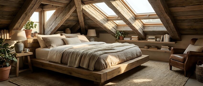 Cozy attic bedroom with wooden beams, skylights, and natural light featuring a platform bed with neutral bedding, potted plants, and rustic furnishings for home design inspiration.