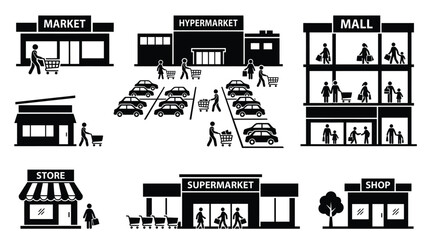 Fototapeta premium Black and white vector illustration showing various commercial shopping buildings with people and shopping carts