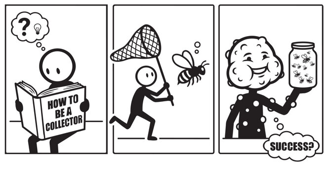 Three panel black and white comic strip showing a stickman misunderstanding "how to be a collector" as "how to bee a collector" and getting stung.