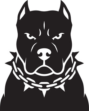 Angry pitbull guard dog silhouette head with spiked leather and chain collar, isolated on white background. Black and white vector illustration of a powerful watch dog.