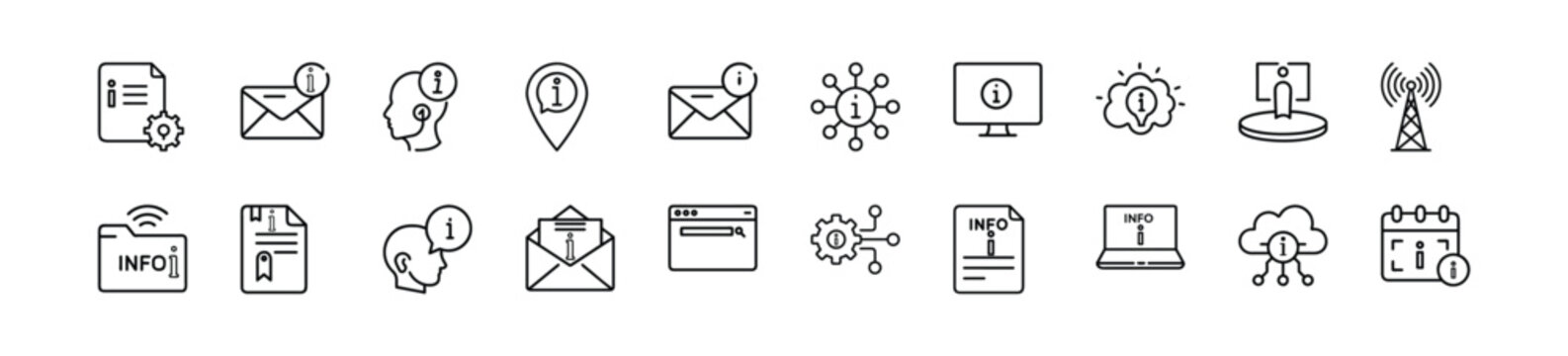 Information line icons set with data center, email, help center, global network, browser, user manual, cloud computing & more vector illustration with editable stroke.