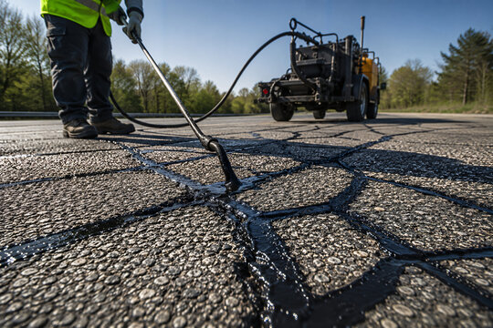 Road construction crew applying liquid asphalt sealant on cracked pavement