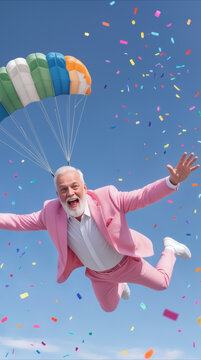 Excited senior citizen skydiving in a pink suit while surrounded by colorful confetti. Joyful retirement celebration and extreme sports concept.