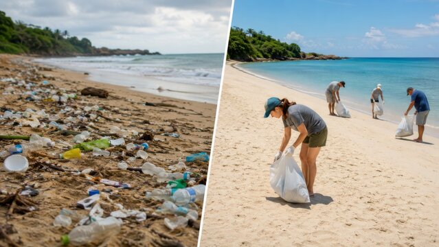 Plastic polluted beach and clean volunteer shoreline