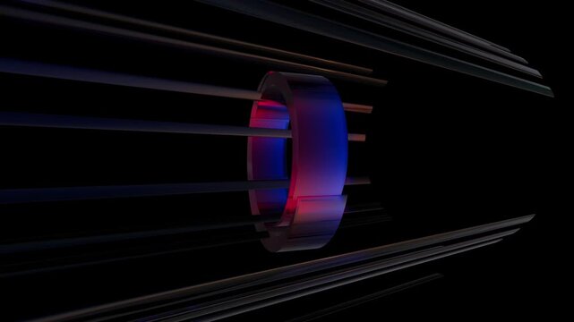 Abstract dark tunnel with glowing purple and blue light rings in a deep black space background