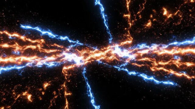 Intense Blue and Orange Electric Lightning Arcs Slashing Across Dark Background