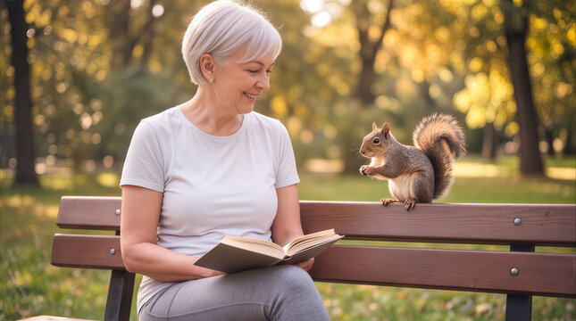 Senior woman smiling at squirrel while reading book on park bench. Elderly female enjoying nature and wildlife during peaceful afternoon in public garden.