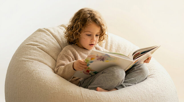 Crian?a loira sentada em poltrona de feij?o lendo livro ilustrado com aten??o e concentra??o