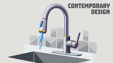 Contemporary stainless steel kitchen faucet with pull down sprayer, elegant functionality, premium residential installation, realistic vector illustration, isolated background, modern household design © saeideh