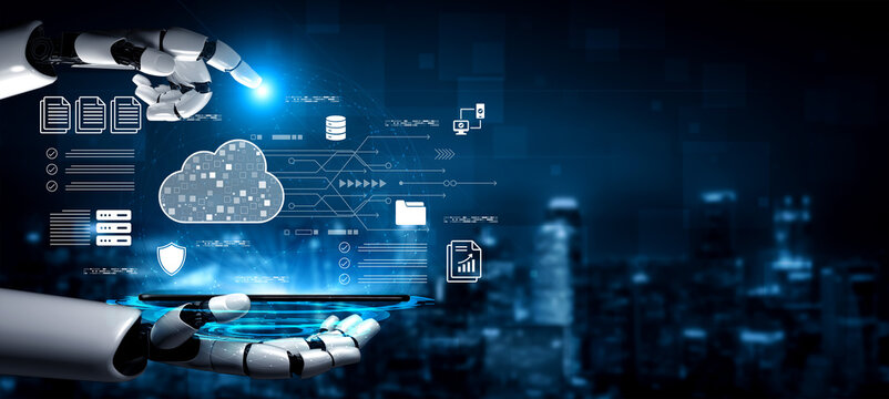 A futuristic robot hand engages with advanced cloud technology and data visualization, set against a night cityscape, showcasing innovation and the future of digital interaction. Cyphers