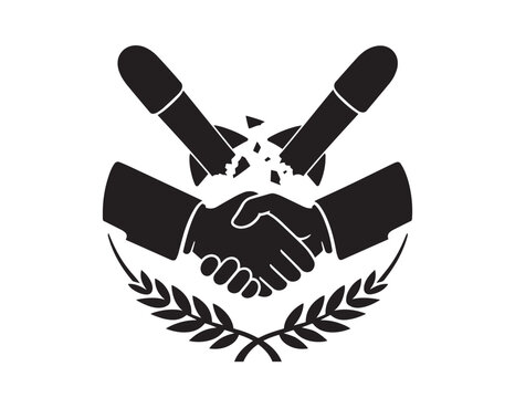 Broken weapon silhouette with handshake and laurel wreath on white background